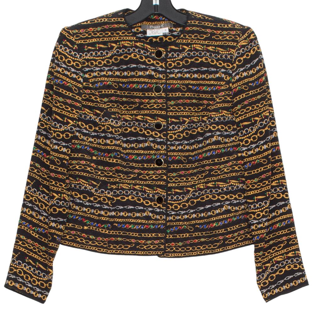 Maggie L Womens Jacket Blazer Vintage Silk Chain Print Button Up Black Size 2 FR